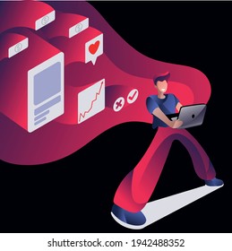 The guy with the laptop makes money on social networks. Advertising courses in social media marketing