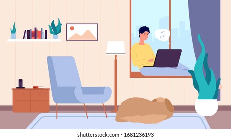 Guy With Laptop. Man Resting, Person And Dog In Living Room. Freelancer, Online Chat And Work Vector Illustration