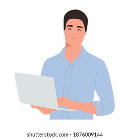 Guy with laptop, portrait. Flat illustration isolated on white background