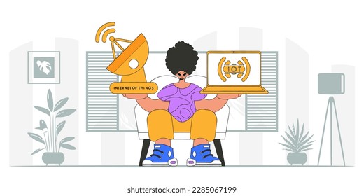 Un tipo con portátil y antena parabólica para IoT. estilo vectorial moderno.