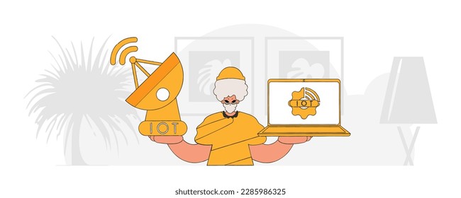 Guy with laptop and satellite dish, modern vector character style, to access the Internet of Things.