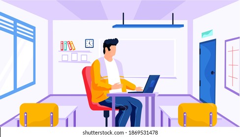 Un tipo con una laptop estudia en su computadora. Un hombre en una lección en la escuela explica un tema. Un profesor de ciencias de la computación da una lección a los estudiantes. Carácter masculino trabajando con tecnología