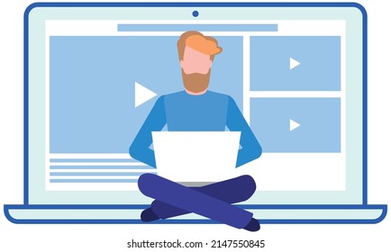 El tipo con portátil activa el reproductor para ver la lección o el vídeo. Hombre usando sitio web para ver películas o cursos de entrenamiento. Carácter masculino selecciona tutorial en línea o ilustración vectorial de transmisión en vivo