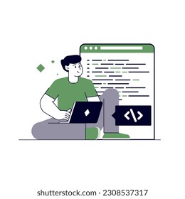 IT guy with a laptop vector modern illustration - green color. Holding a computer in hands, coding icons. Tech person character flat illustration