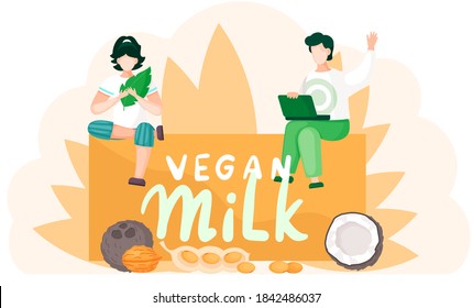 Guy with laptop works or studies on his computer online while the girl sits on a plate with the inscription and meditates with her eyes closed. Vegan food. Veganism concept. Healthy lifestyle