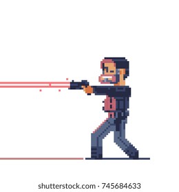 guy with laser pistol, pixel art style, isolated vector illustration.