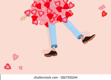 The guy lay under the hearts. Heap of greeting valentines on the person. Male feet