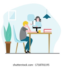 the guy learn online at home.  Home education, distance learning.