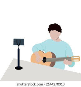 Guy learning to play guitar online, flat vector, isolate on white background, blogger, opinion leader, influencer, faceless illustration