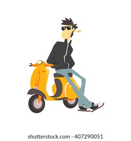 Guy In Leather Jacket Leaning On Scooter Flat Isolated Vector Simple Drawing On White Background In Cartoon Style