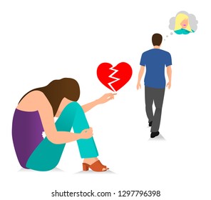 The Guy Leaves The Young Girl. Vector illustration concept of bad relationship, failed marriage, broken heart, cheating, depressed girl and etc.