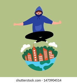 The guy levitates over the city. Lord of the world. Levitating. Editable vector illustration