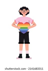 guy with lgbt flag shaped heart