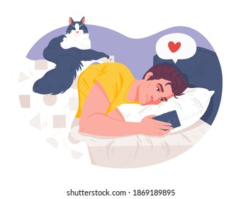 Guy lies in bed with phone in hands. Communication on social networks, messenger with friends or loved one. Funny cat cheekily lay down on top of him. Leisure, social media, modern technology concept 