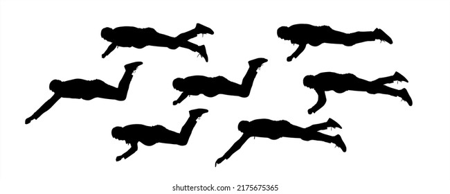 The guy lies in a horizontal position, his arms, and legs in different poses. The man lies on his stomach, trying to get something with his hand. Set of seven black male silhouettes isolated on white