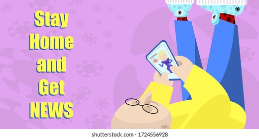 
Guy lies on his back and reads news from a smartphone.