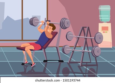 Guy lifting barbell flat vector illustration. Happy young man in sportswear cartoon character. Weightlifting, bodybuilder working out with dumbbell. Muscle training, physical exercise. Fitness workout