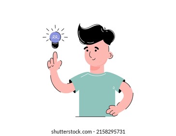 Guy and light bulb. The concept of the emergence of an idea. Isolated on white background. Trendy flat vector style.
