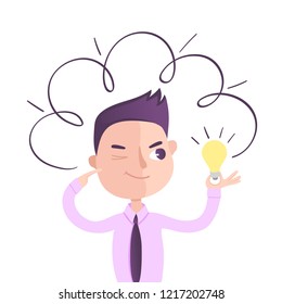Guy with a light bulb in his hands demonstrates the flexibility of thinking. Vector flat cartoon illustration. 