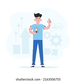 Guy and light bulb. Idea concept. Trend illustration. Good for apps, presentations and websites. Vector.