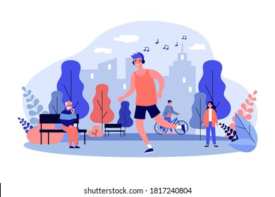 Guy listening to music and jogging in park. Running man wearing earphones flat vector illustration. Activity, sport, lifestyle concept for banner, website design or landing web page