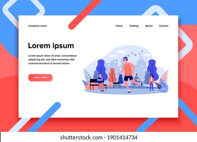Guy listening to music and jogging in park. Running man wearing earphones flat vector illustration. Activity, sport, lifestyle concept for banner, website design or landing web page