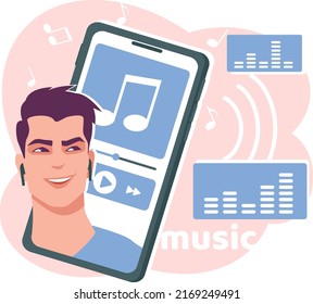 A guy listening to music on his smartphone. Happy teenager with phone and headphones enjoying audio music. A young man sings and enjoys a good song. Stock vector illustration in flat style