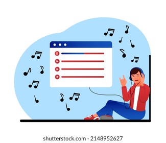 Guy listening playlist. Man in headphones in front of big phone. Love for music, rest after work or study. Teenager listening to audio files, digital technology. Cartoon flat vector illustration