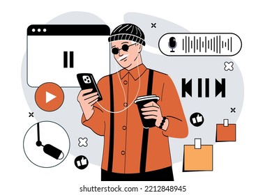 Guy listening podcast. Hipster in sunglasses with cup of coffee in hand and with smartphone stands and listens to audio file. Modern technologies and digital world. Cartoon flat vector illustration