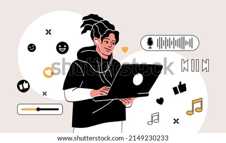 Guy listening podcast. Man in headphones stands with laptop in his hands. Radio, digital world and players, modern technologies. Show on Internet, audio file. Cartoon flat vector illustration