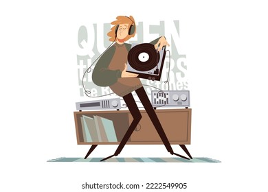 El tipo escucha discos de vinilo, colección de música e ilustración de vector de relajación. Fiesta de moda con dj y música moderna. Festival Retro para jóvenes