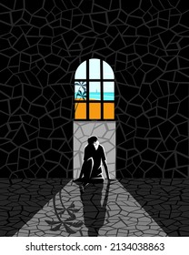 A guy locked in a prison cell. Vector illustration.