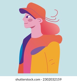 A guy with long hair and a cap. girl in cap vector illustration
