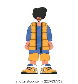 A guy in a long T-shirt and a Vest. Bright modern style.