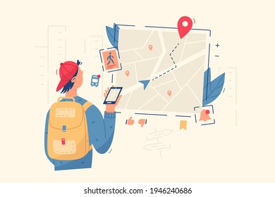 Guy look in navigation map vector illustration. City map with gps pins, direction markers for navigation flat style. Gps navigator and online location system concept. Isolated on white background