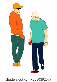 The guy looked back at the passerby to start a conversation. Flat cartoon style illustartion.