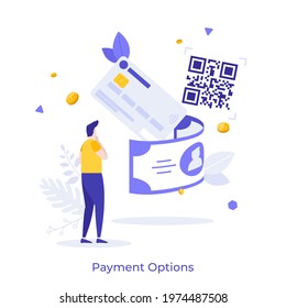 Guy looking at banknotes, coins, bank cards and QR code. Concept of choosing between payment options, paying by cash or via online banking. Modern flat colorful vector illustration for banner, poster.