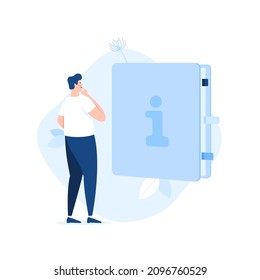 Guy looking at book with info sign on cover. Concept of search for information in user manual, online guide or handbook with answers to questions. Modern flat vector illustration for poster, banner.