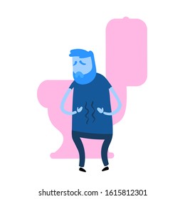 Guy looking down at his growling stomach. Digestion problem. Flat design icon. Flat vector illustration. Isolated on white background.