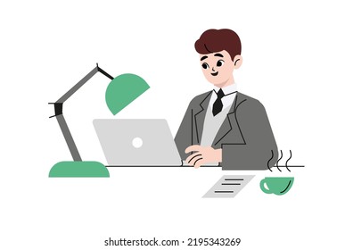 A guy is looking at a laptop monitor. The process takes place at the computer desk at home or in the office. Thinking, working, creating, relaxing. Flat vector illustration isolated on white backgroun