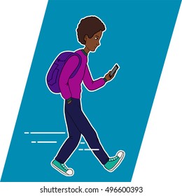 Guy looking at mobile phone apps. Walking guy looking at phone. Icons apps in phone of guy. Vector guy walking and looking at phone. Guy looking a phone. Online services in phone. Guy looking at phone