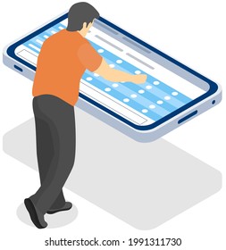 El tipo está mirando la pantalla del teléfono móvil. Smartphone mostrando el plan o la programación en pantalla. Estudios de carácter masculino con horario. Planificación del concepto de dispositivo móvil. El hombre establece el horario