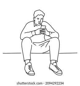 Guy looking on smartphones and chatting. Hand drawn vector illustration. Black and white.