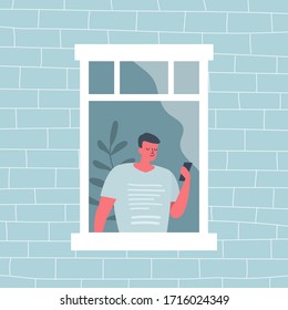 Guy is looking at the phone. The young man at the open window. View from the street side. Funky flat style. Vector illustration