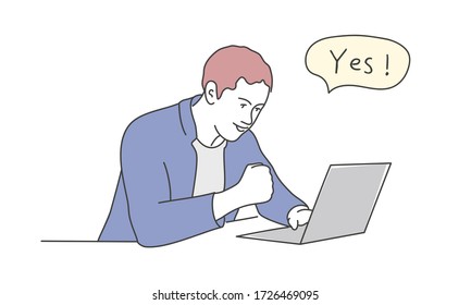 Guy looks at the laptop and raises his hand in a yes gesture. Hand drawn vector illustration.