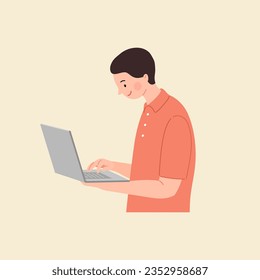 Der Typ schaut auf den Bildschirm des Notebooks. Das Konzept des Online-Lernens in Chats und per Post. Vektorbild im Stil eines flachen Cartoons
