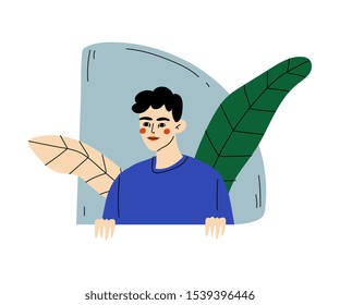 Guy looks out, and behind him leaves cartoon vector illustration