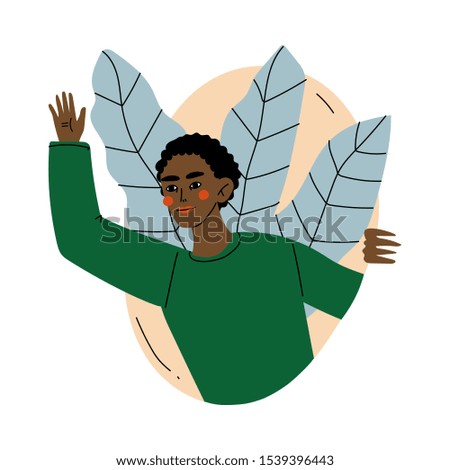 Guy looks out, and behind him leaves cartoon vector illustration
