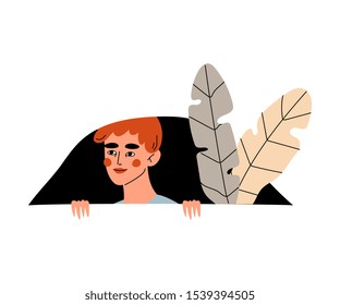 Guy looks out of the dark with feathers cartoon vector illustration