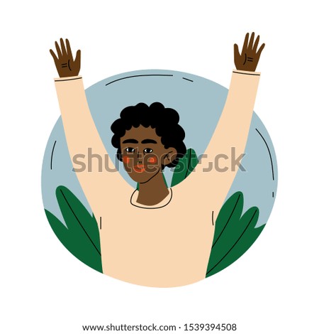 Guy looks out and hands up cartoon vector illustration